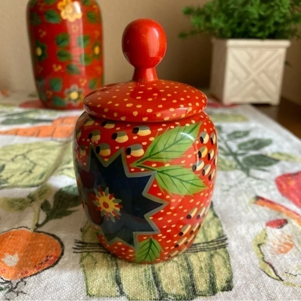 Retro Pier 1 Exports red painted decorative wooden jars with lids